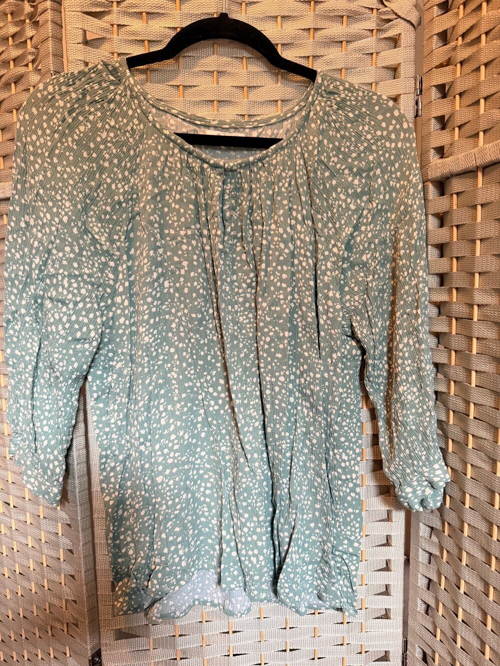 Maurices Women's Large Green White Print Peasant Blouse 3/4 Sleeve Boho Top